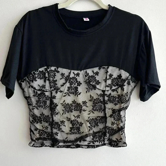 Black Lace Sweetheart Ruched Top, Women’s Floral Lace Overlay Blouse, Size Small - Picture 1 of 15